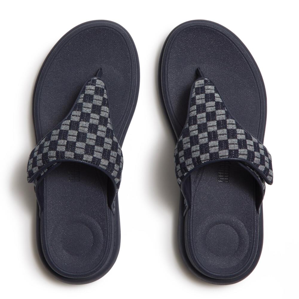 F-MODE GO ADJ. CHECKERBOARD-DENIM TOE-POST SANDALS
