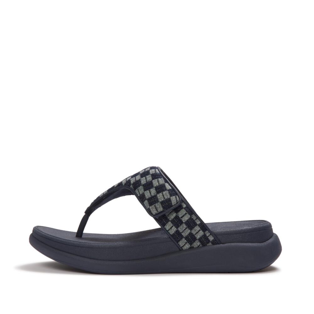 F-MODE GO ADJ. CHECKERBOARD-DENIM TOE-POST SANDALS