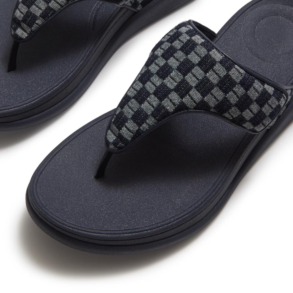 F-MODE GO ADJ. CHECKERBOARD-DENIM TOE-POST SANDALS