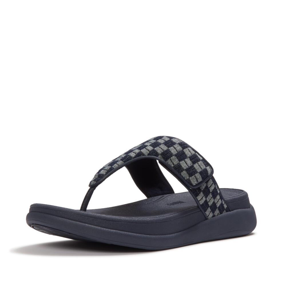 F-MODE GO ADJ. CHECKERBOARD-DENIM TOE-POST SANDALS