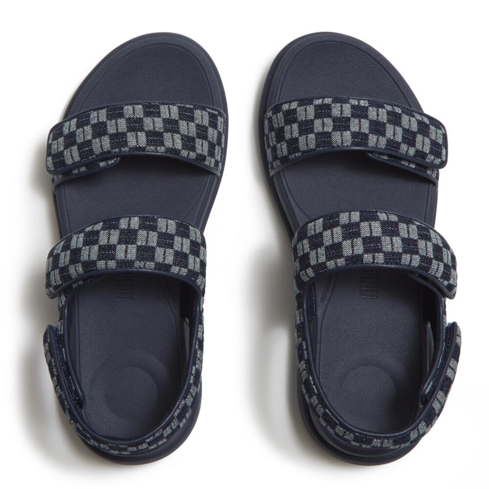 F-MODE GO CHECKERBOARD-DENIM BACK-STRAP SANDALS
