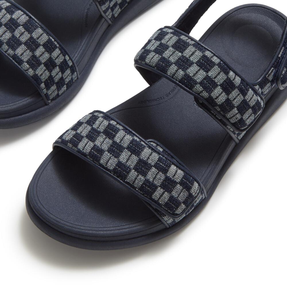 F-MODE GO CHECKERBOARD-DENIM BACK-STRAP SANDALS