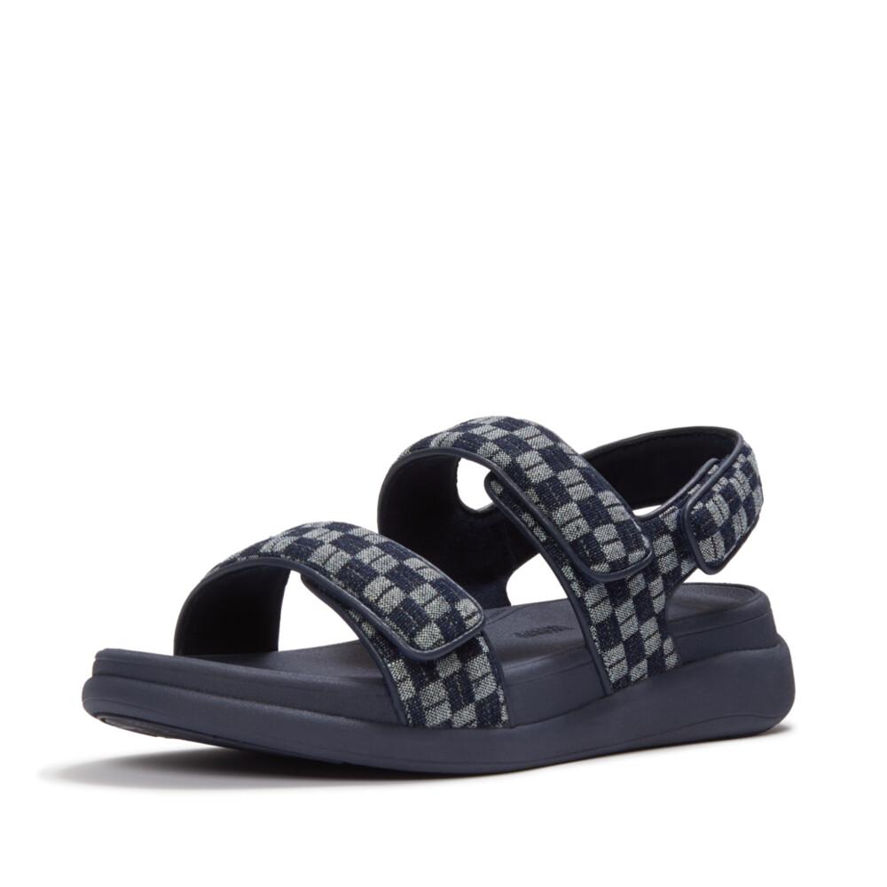 F-MODE GO CHECKERBOARD-DENIM BACK-STRAP SANDALS