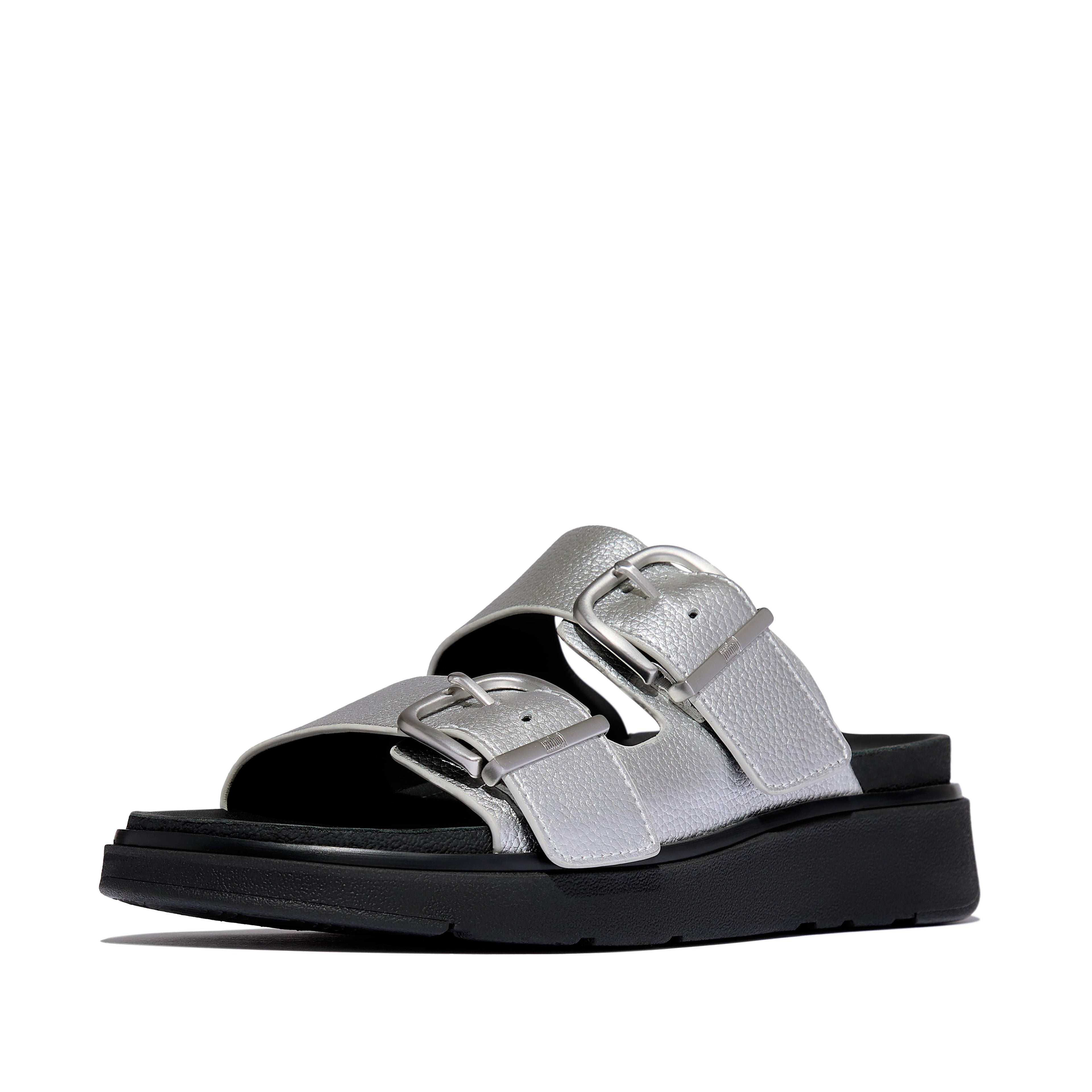GEN-FF BUCKLE TUMBLED-LEATHER TWO-BAR SLIDES