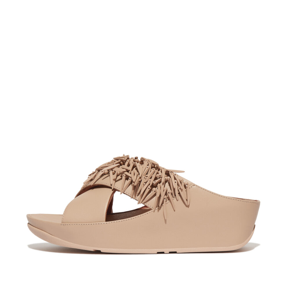 RUMBA BEADED LEATHER CROSS SLIDES