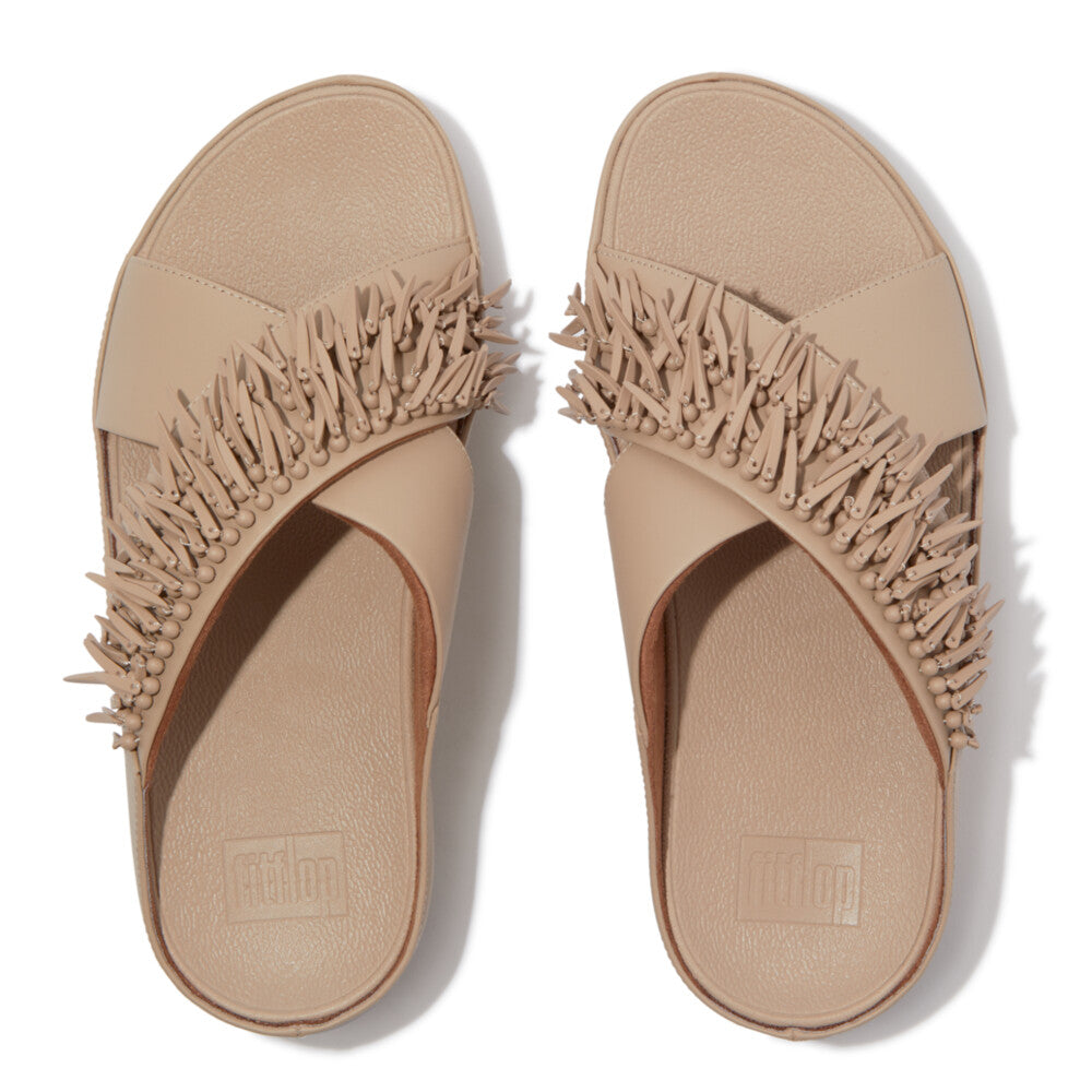 RUMBA BEADED LEATHER CROSS SLIDES