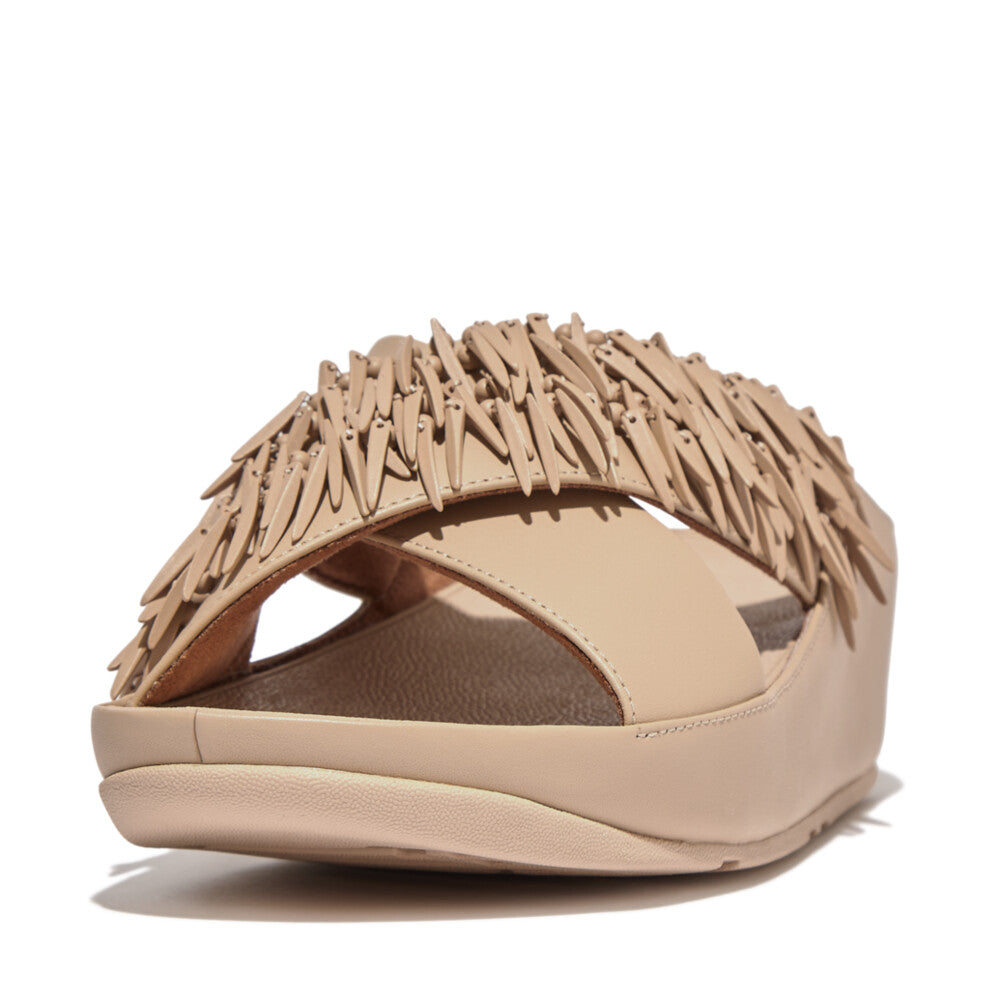 RUMBA BEADED LEATHER CROSS SLIDES
